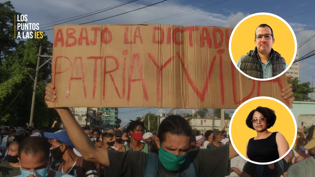 Waldo Fernández Cuenca y Laritza Diversent con imagen de las protetas del 11 de julio de 2021.